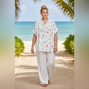 White Linen Blend Button Front Vacation Novelty Print Oversized Shirt XL